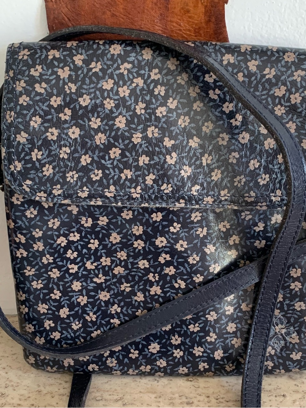 Patricia Nash Navy Crossbody with Pale Pink Floral Print